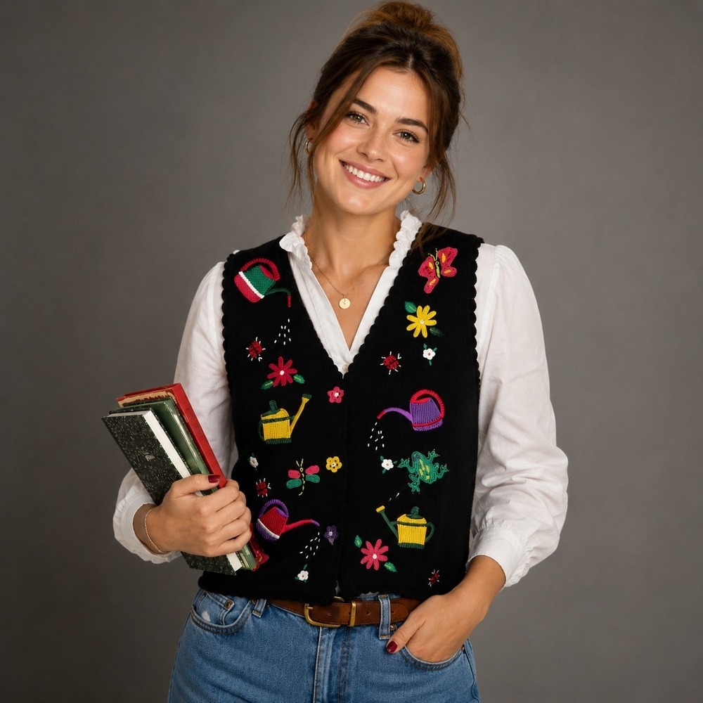 Mandal Bay 90s Spring Size Embroidered XL Black Vest Cotton Blend Whimsical - Picture 1 of 10